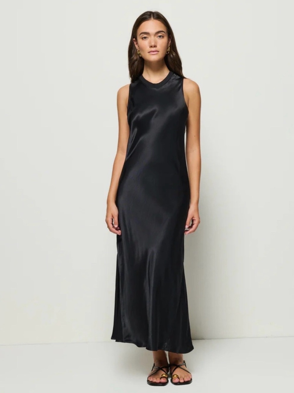 NWT Nation Los Angeles Dulce Crew-Neck Satin Midi Dress in Black Size S
